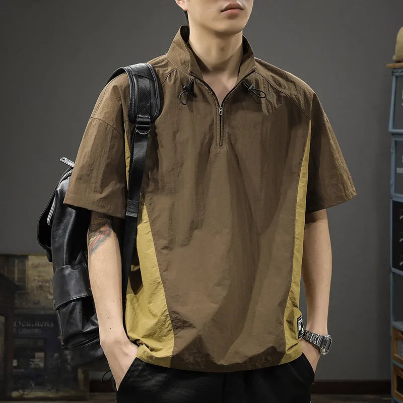 Brown men's short sleeve shirt with half-zip stand collar, made from ice silk fabric.