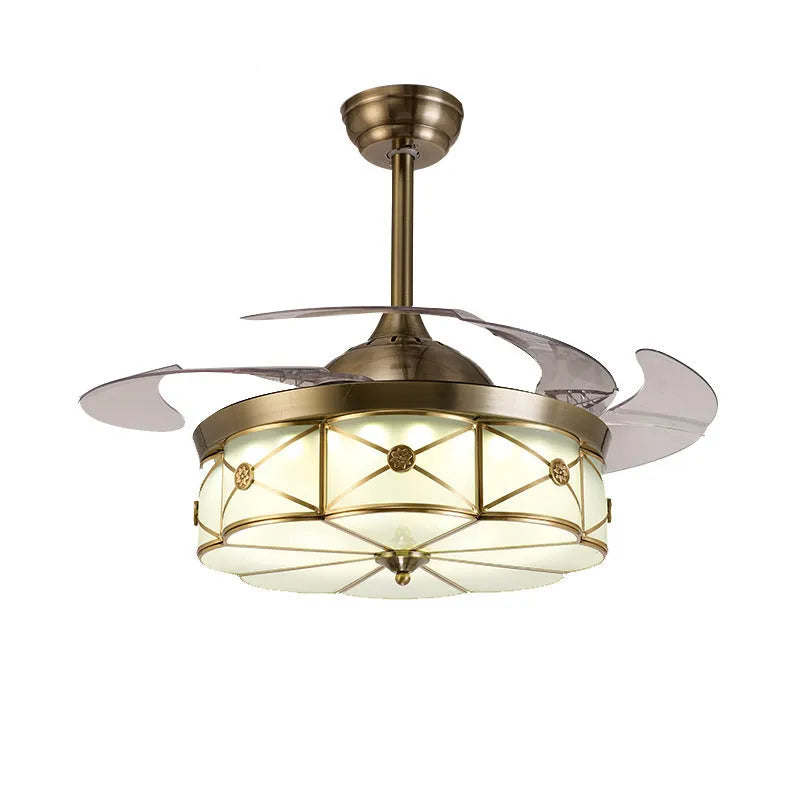 Gold 42-inch ceiling fan light with invisible blades and remote control on a white background