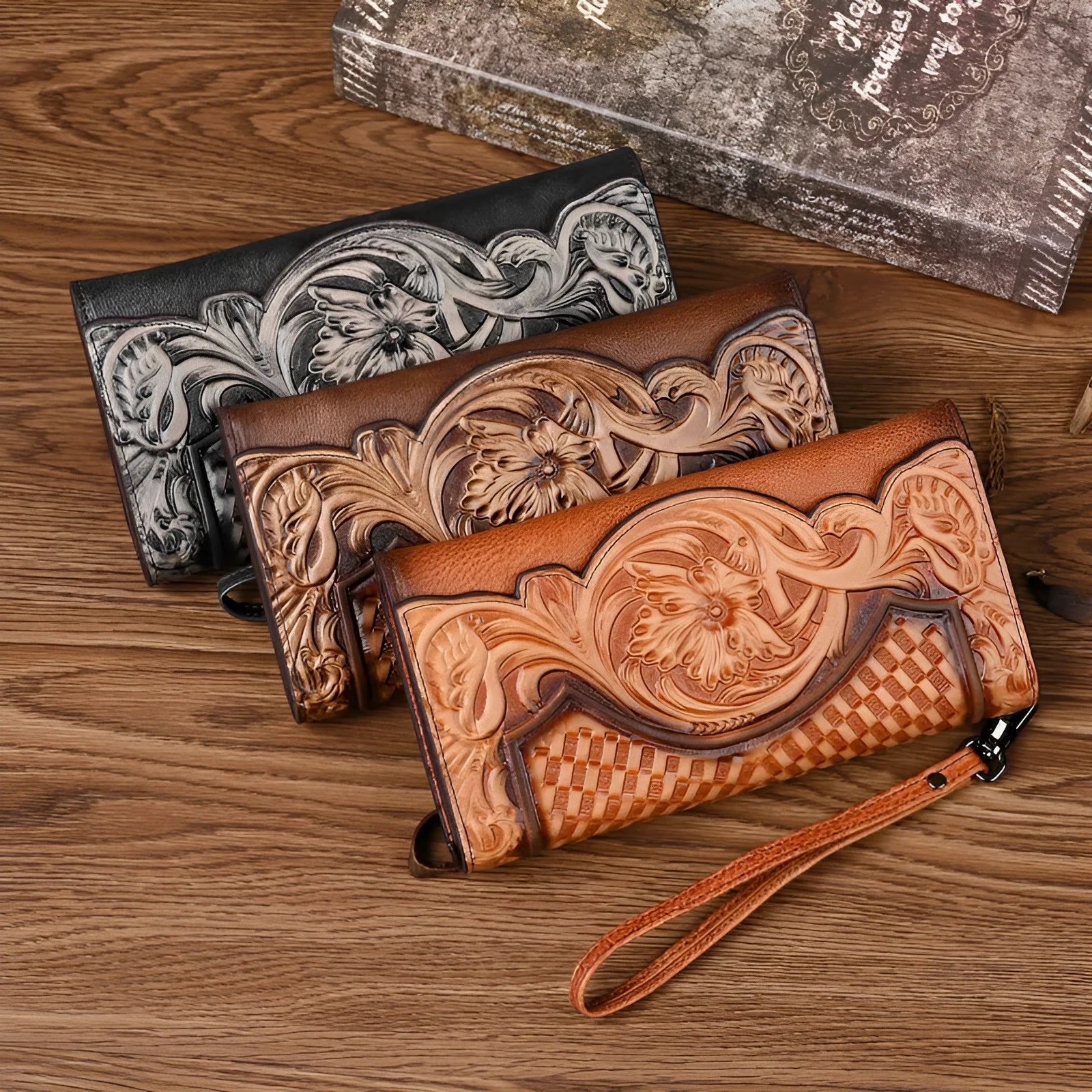 Retro brown women's tri-fold wallet with embossed floral pattern, showing interior card slots and coin compartment.