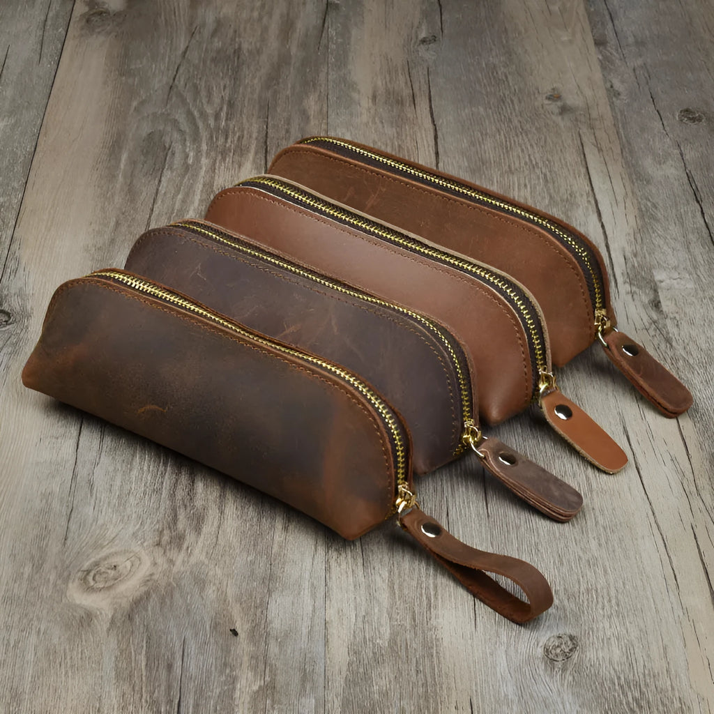 Handmade square leather pencil case with zipper closure measuring 18cm long in black cowhide