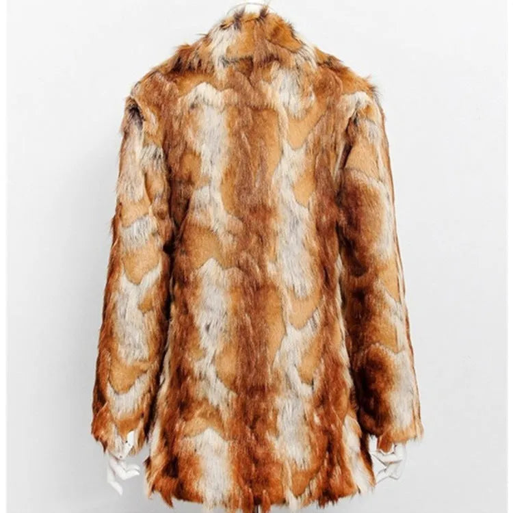 Women's slim-fit faux fur jacket with a bold tiger pattern, shown in a medium length.