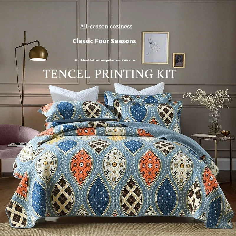 Quilted cotton bed cover set with printed pattern on 1.5-1.8m bed including two pillowcases