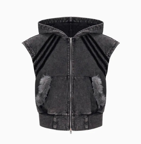 Korean style hooded sleeveless vest and trousers set with washed and worn stitching fur in black and grey