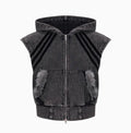 Korean style hooded sleeveless vest and trousers set with washed and worn stitching fur in black and grey