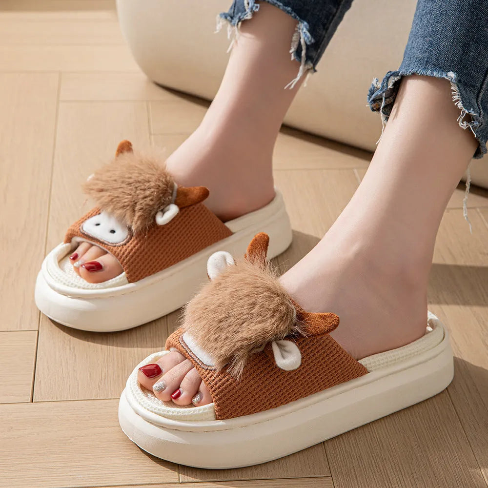 Women's linen indoor slippers with EVA soft sole, hollow-out upper, toe ring flip flop style, khaki or black, sizes 36-45