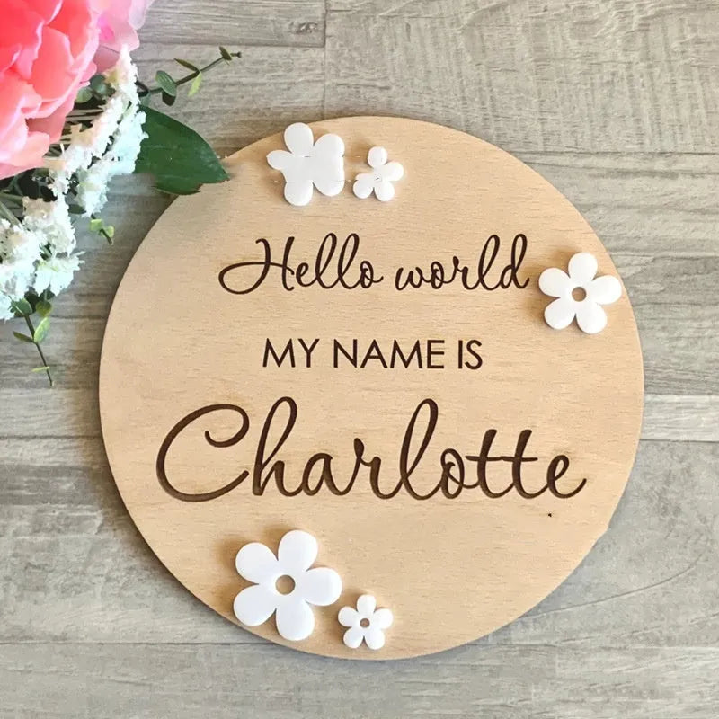 15cm square plywood baby name sign with birth details in one of three available style variants