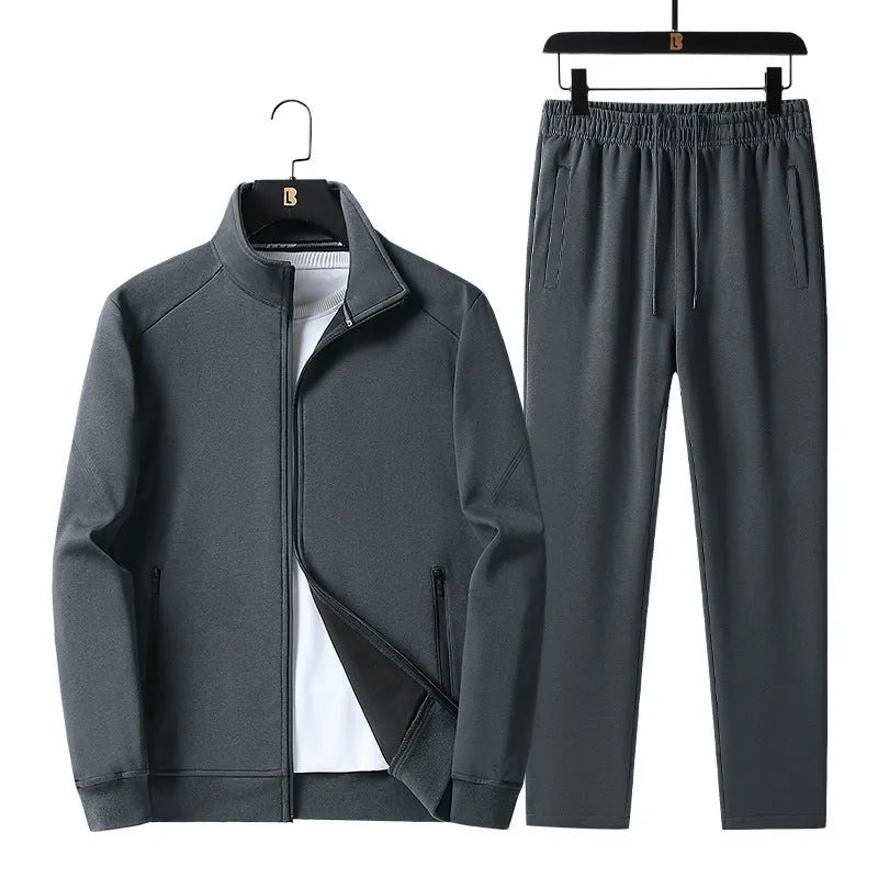 Men's plus size knitted cotton sports suit in black with long-sleeve jacket and trousers for outdoor spring autumn leisure