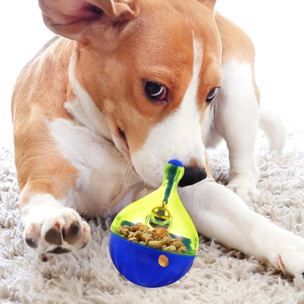 Blue plastic tumbler-shaped pet treat dispenser ball for dogs and cats.