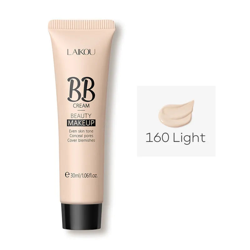 30ml BB cream tube in natural finish showing nine shade options from ivory white to brown