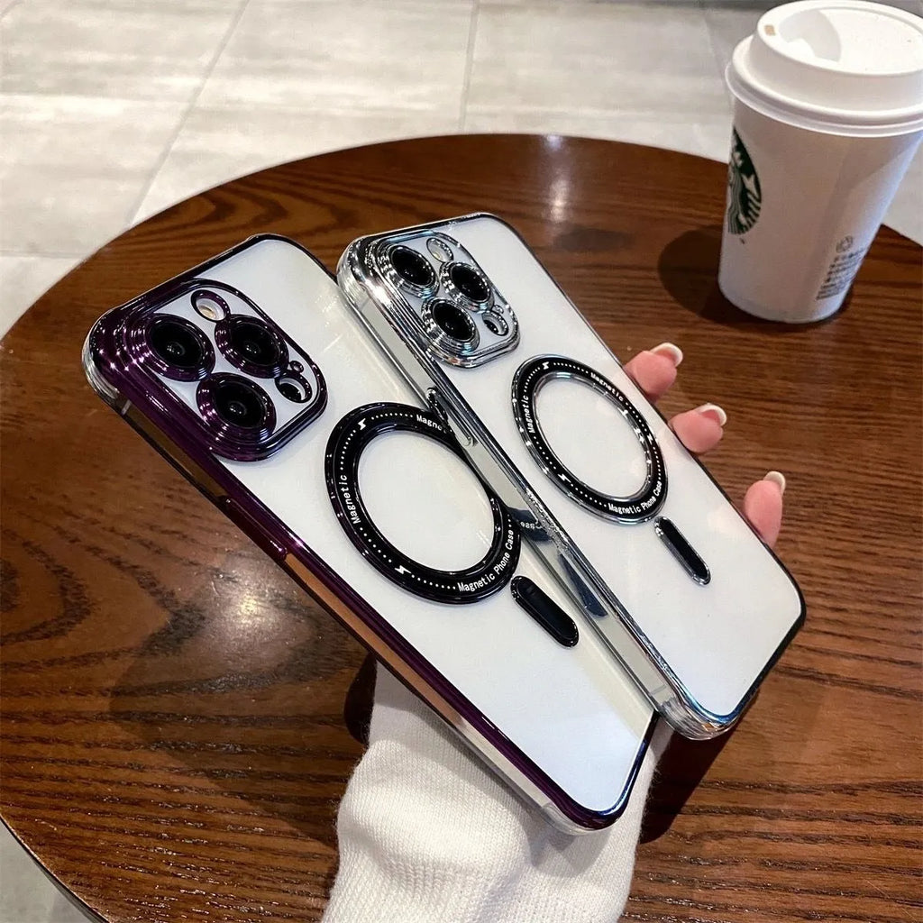 Transparent magnetic silicone iPhone case with electroplated finish and all-inclusive lens frame