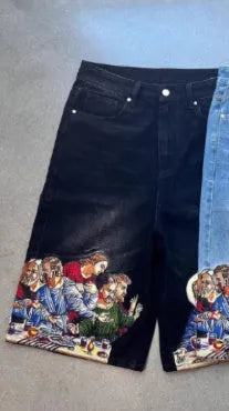 Men's blue cotton shorts with Jesus print on back pocket showing tapered leg design