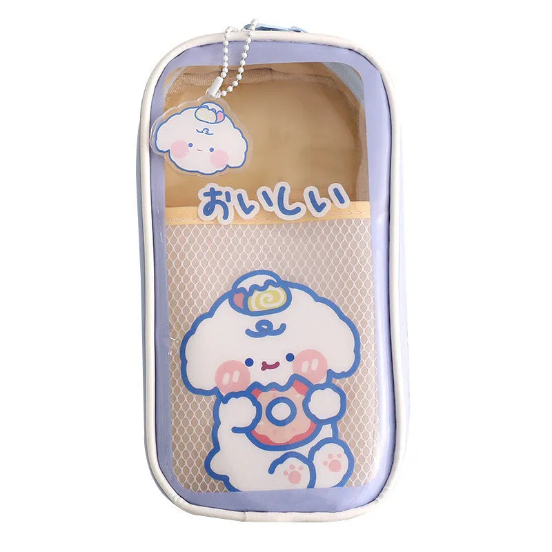 Transparent PVC pencil case with large capacity, featuring a cute Korean-style cartoon bear design.