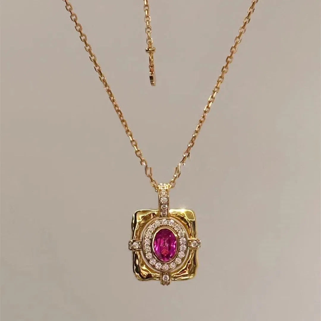 French retro court-style red corundum square pendant necklace with copper bamboo chain for women