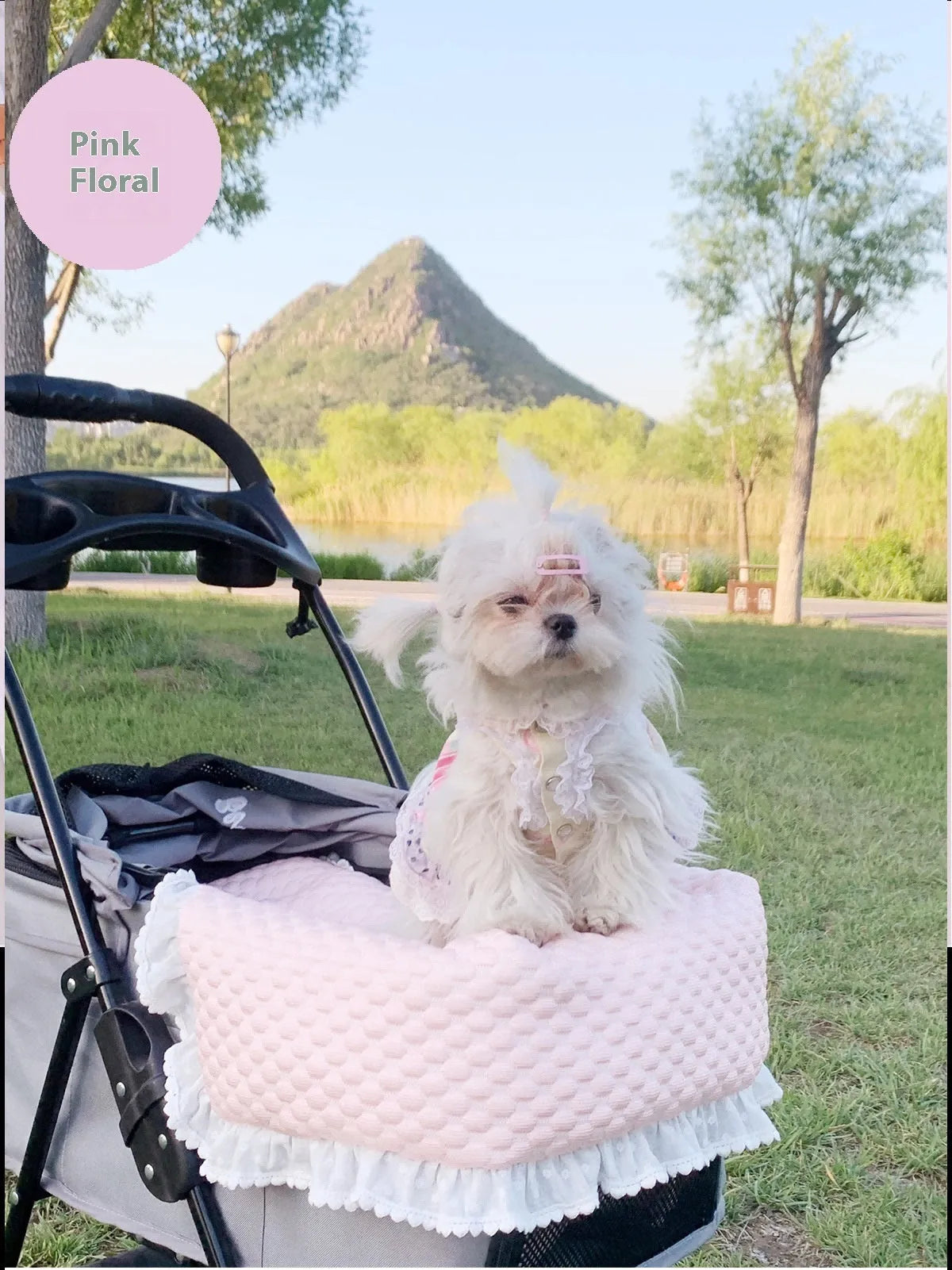 Pet stroller three-piece accessory set showing anti-dirty towel, cushion, and pillow in cotton cloth with floral pattern