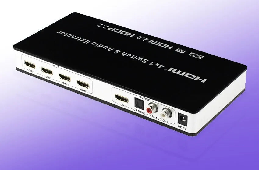 Black HDMI audio separation switch with four inputs and one output, remote control, and UK power adapter