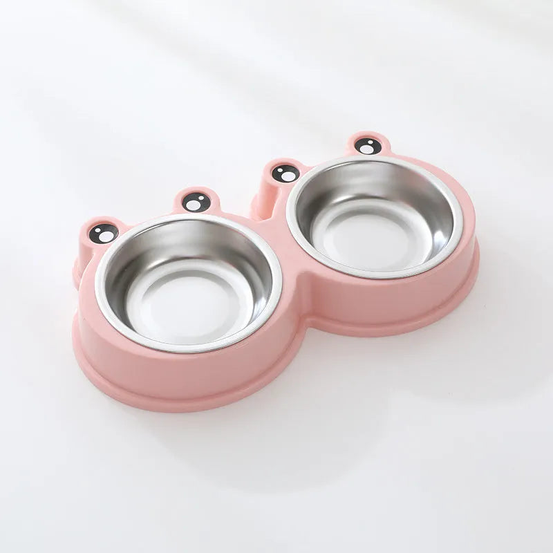 Stainless steel pet double bowl with food and water compartments in blue, green, and pink colour options