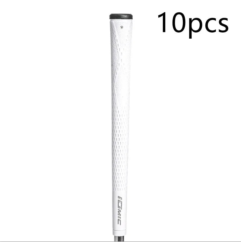 TPE golf club grip in assorted colours including pink, red, and black with blue head on a club shaft.
