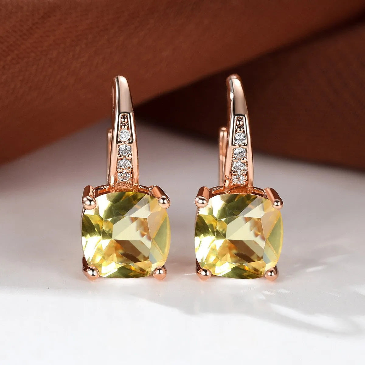 Square geometric ear hooks with round zircon inlays in gold, platinum, or rose gold finish