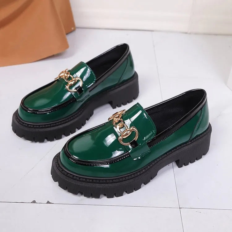 British retro round toe flat shoes for women, PU upper, solid colour, black glossy finish