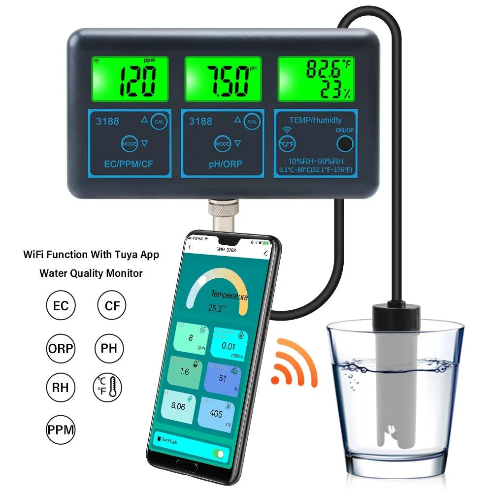 Black 7-in-1 WiFi water quality monitor with EC TDS CF pH ORP humidity temperature testing