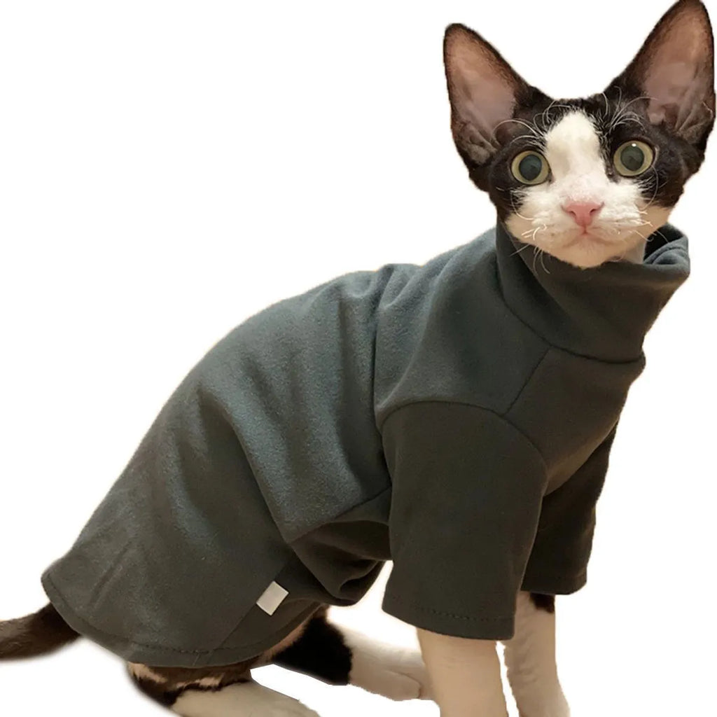 Self-heating hairless cat hoodie in Dralon polyester, black or green, sizes XS to 3XL, autumn winter base layer