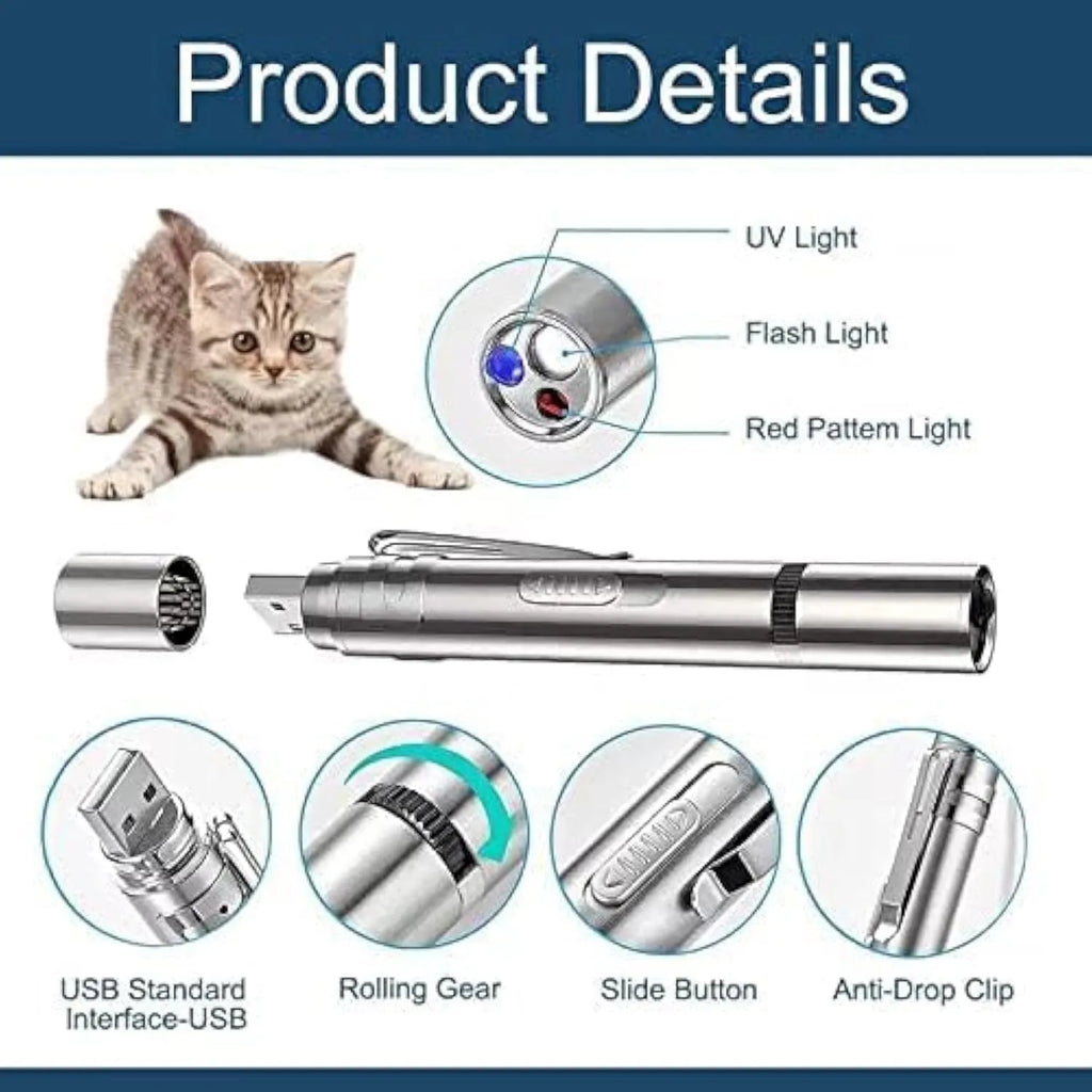Silver aluminium cat toy pointer wand with USB charging showing laser patterns on wall