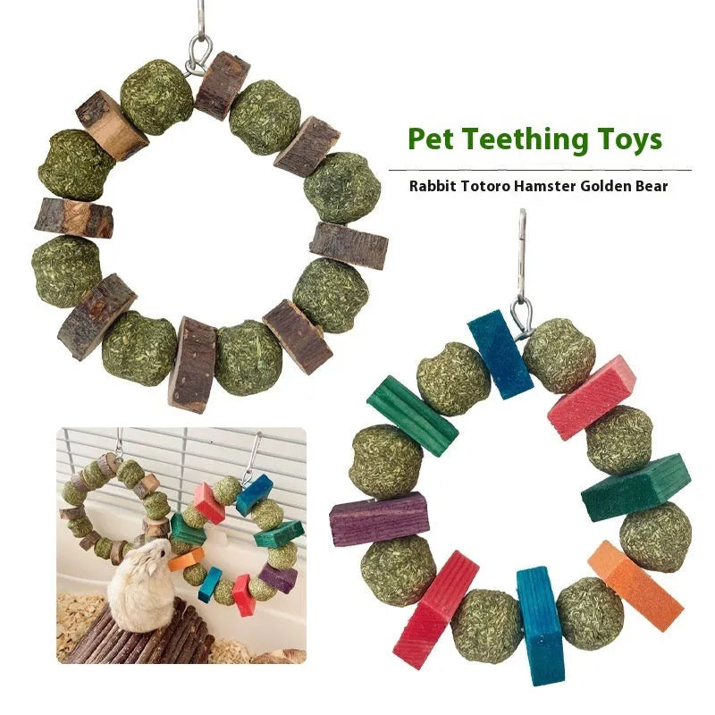 Hamster toy set showing decorative straw ball rings and applewood molar bite rod for small animal enrichment