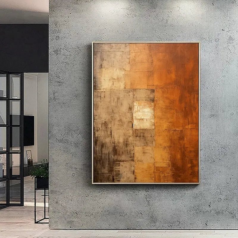 Orange and brown abstract hand-painted oil painting on canvas, vertical orientation, no frame, suitable for living room wall decor