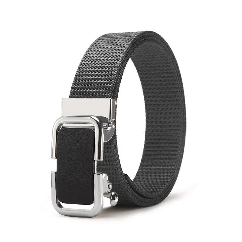 Men's toothless nylon canvas belt with alloy buckle showing adjustment mechanism