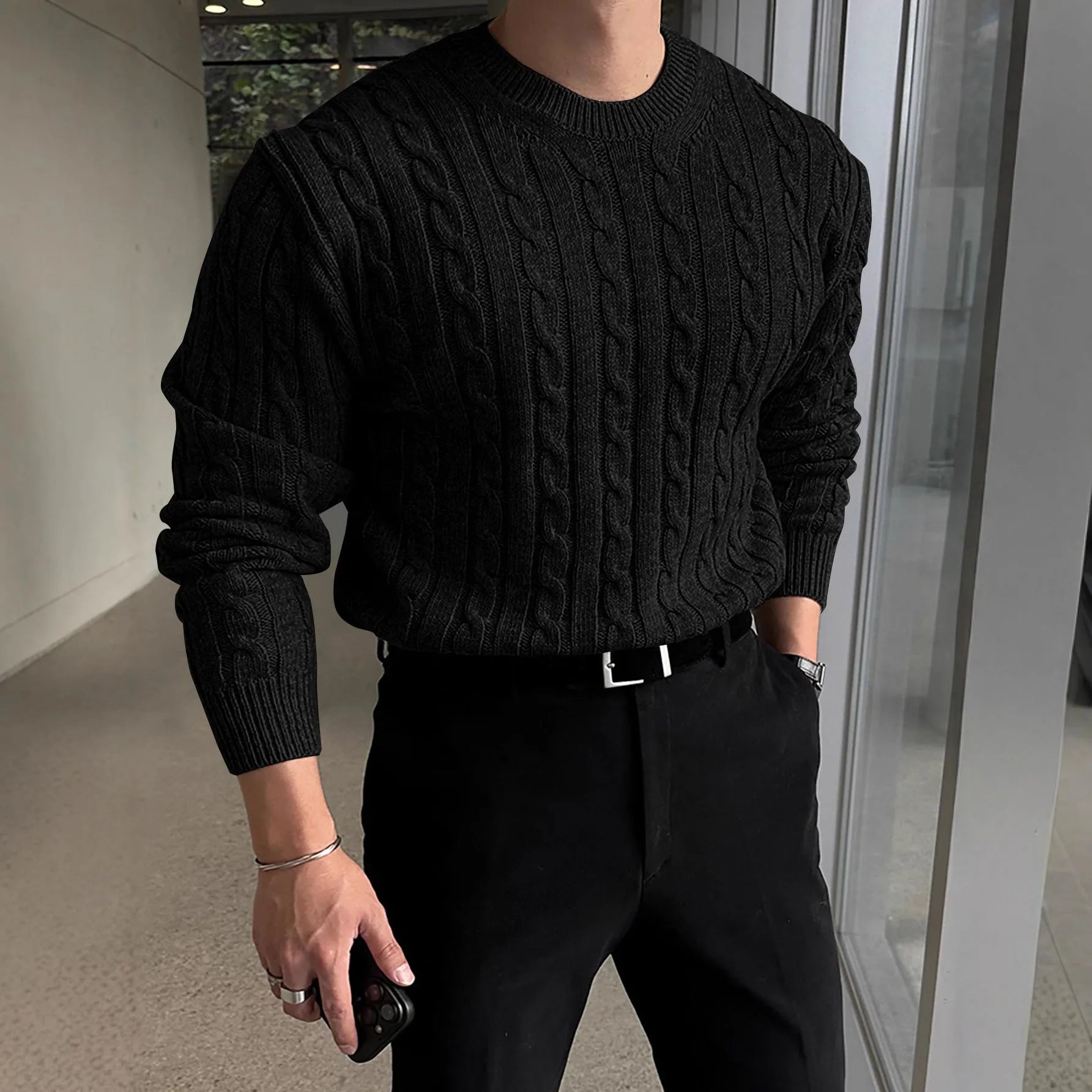 Thick knit turtleneck sweater for men in light gray, autumn winter casual pullover style