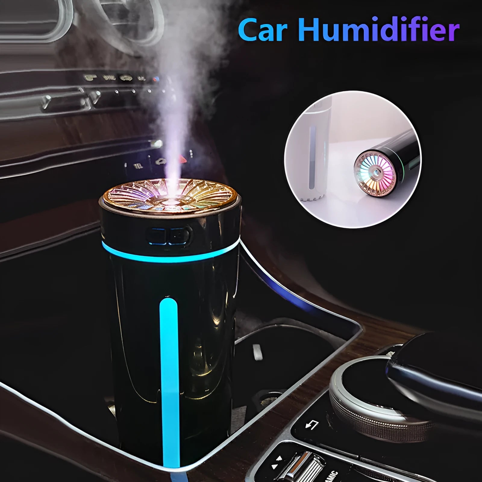 Black portable USB rechargeable humidifier with colourful lights on a car cup holder.