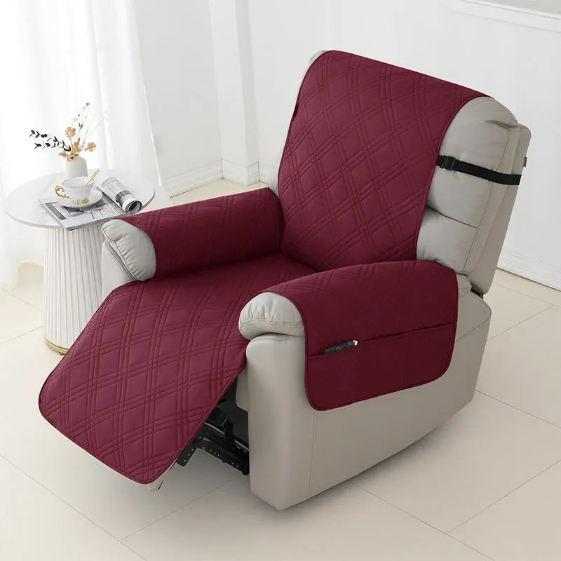 Quilted burgundy waterproof sofa cover fitted on a Chivas single-seat massage chair.