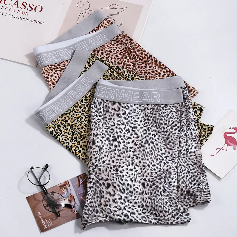 Men's loose leopard print underwear, milk silk, mid waist, quick drying, sizes M-XXXL.