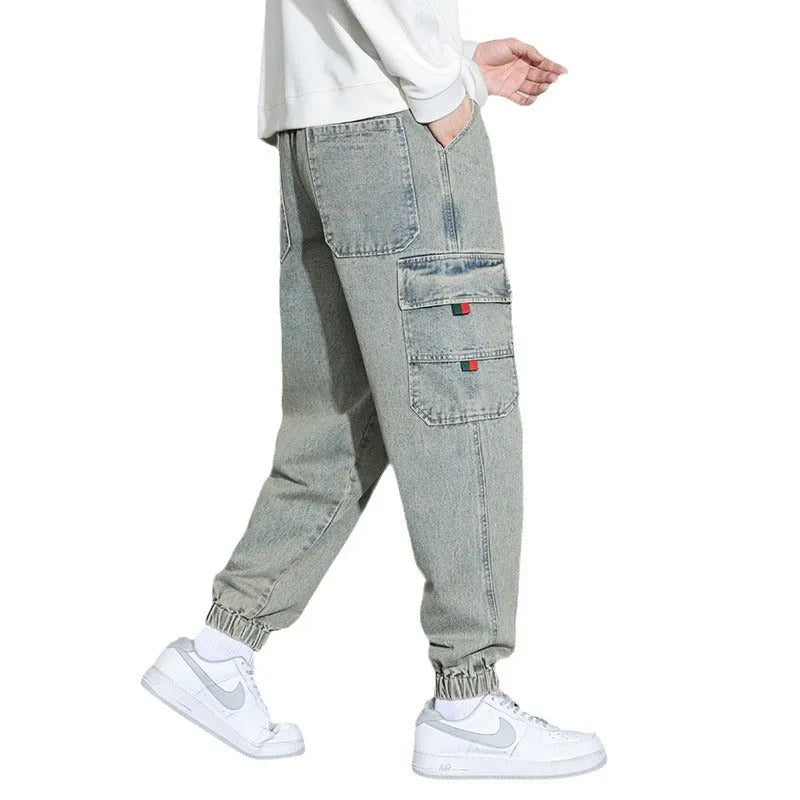 Men's retro cotton workwear jeans loose fit zip fly trousers available in gray black blue retro colour