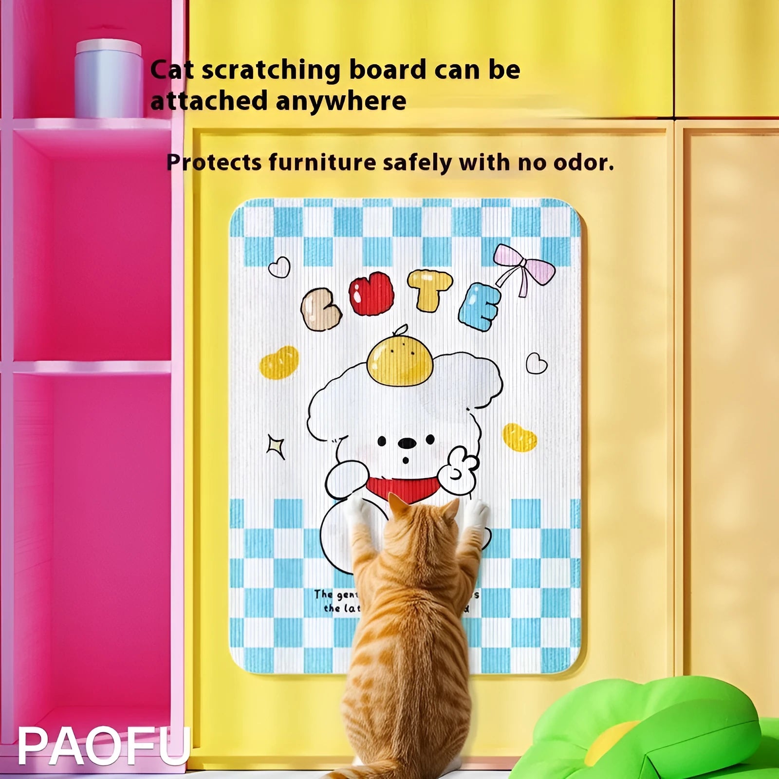 Cartoon felt cat scratch board wall vertical with happy kitten polar fleece design for dogs and cats