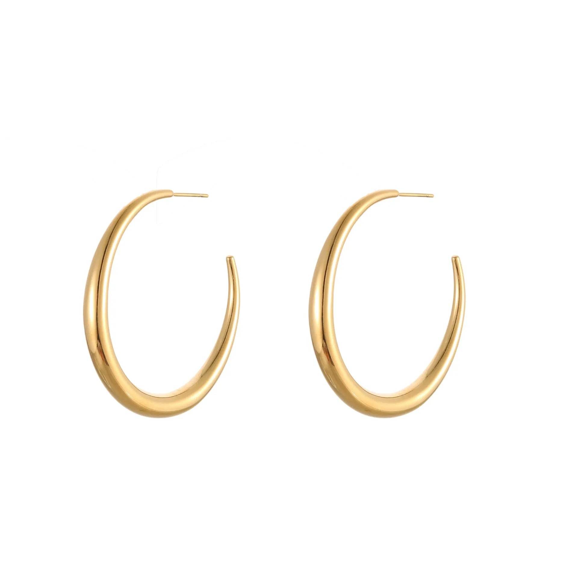 Simple titanium steel hoop earrings in gold and steel finishes, available in large and small circular sizes