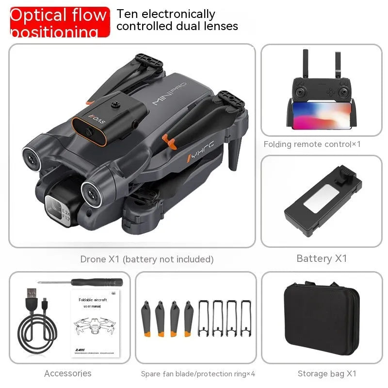 Black and orange remote control quadcopter drone with four rotors, shown folded and unfolded.