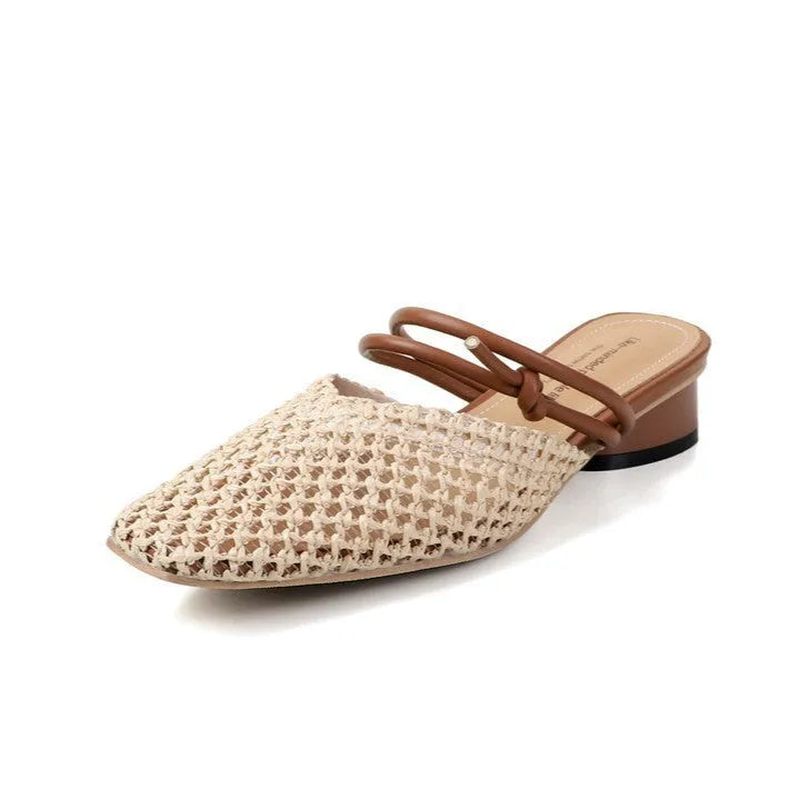 French style women's square toe slippers with hollow-out breathable design and retro thick heel
