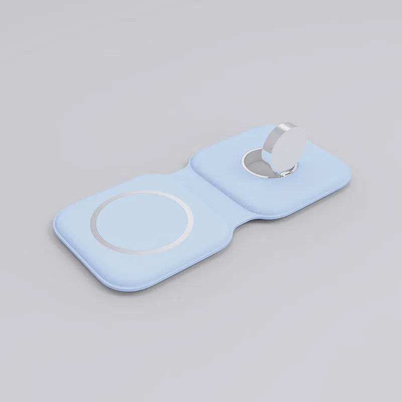 LFX-163 foldable wireless charger in fish-water blue colour charging a mobile phone and watch