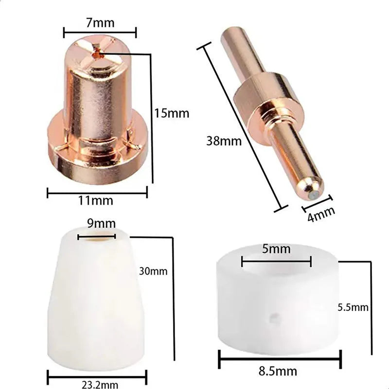 40 piece plasma cutter consumables kit with electrodes nozzles shunts and porcelain nozzles on black background