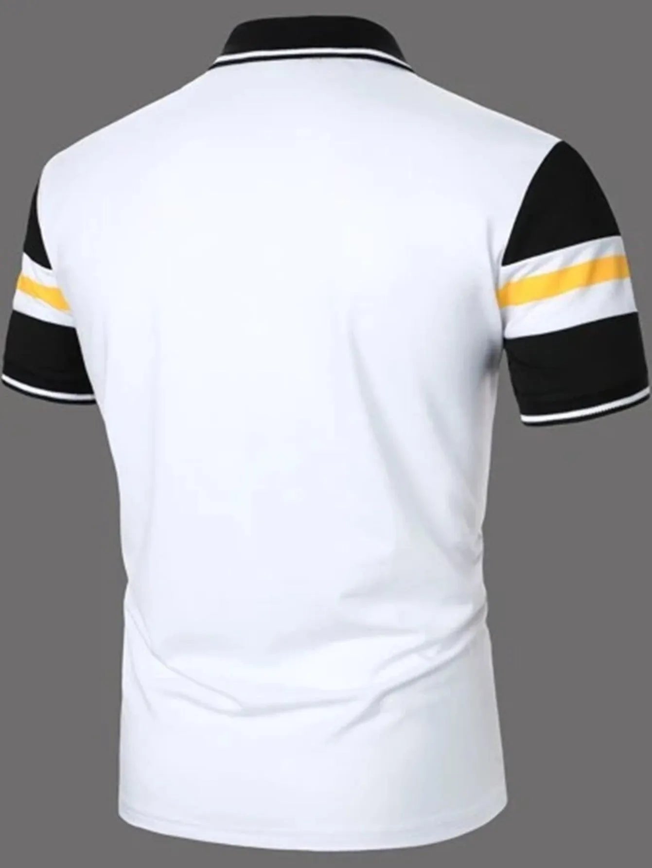 Men's striped white short sleeve button polo shirt with slim fit and slit hem
