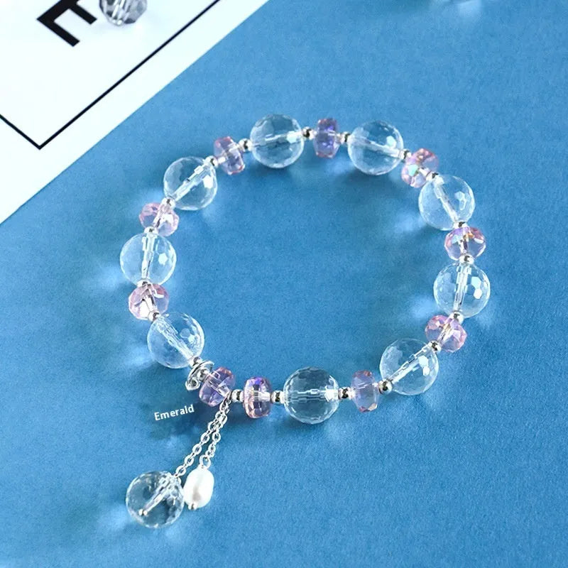White crystal bracelet with Lucky Cat pendant, diamond shape beads, electroplated finish, Korean style women's jewellery
