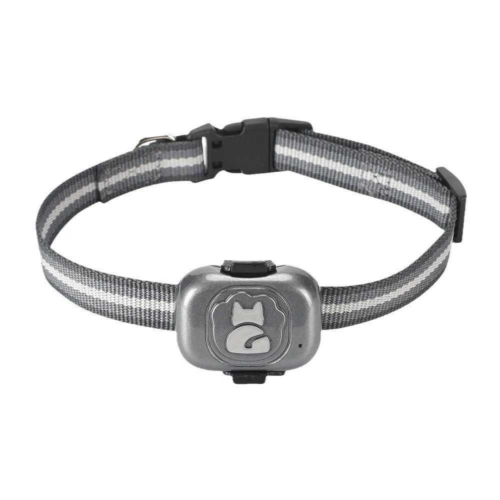 Black GPS pet tracker unit with hanging rope for attachment to a dog or cat collar.