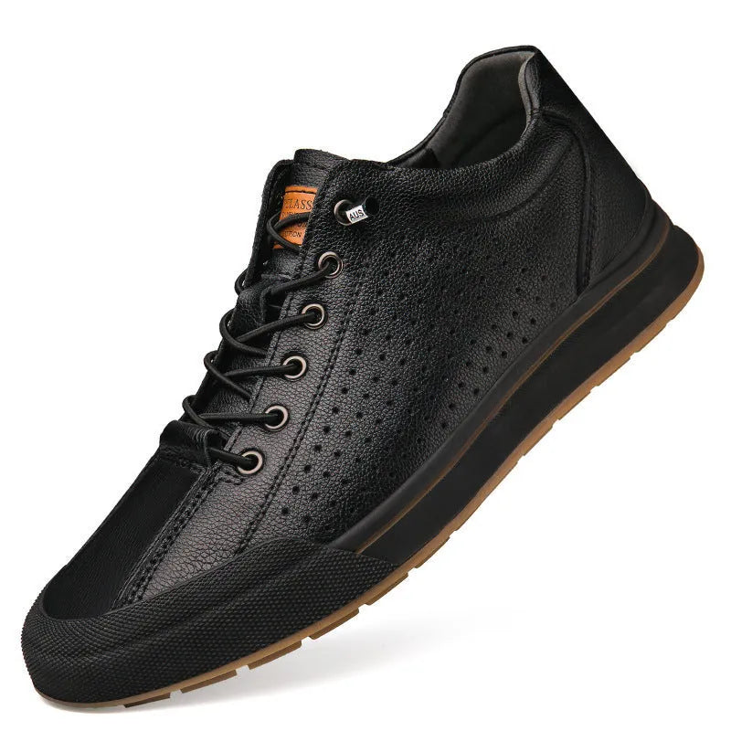 Men's white matte leather shoes with flat heel and round toe in breathable design