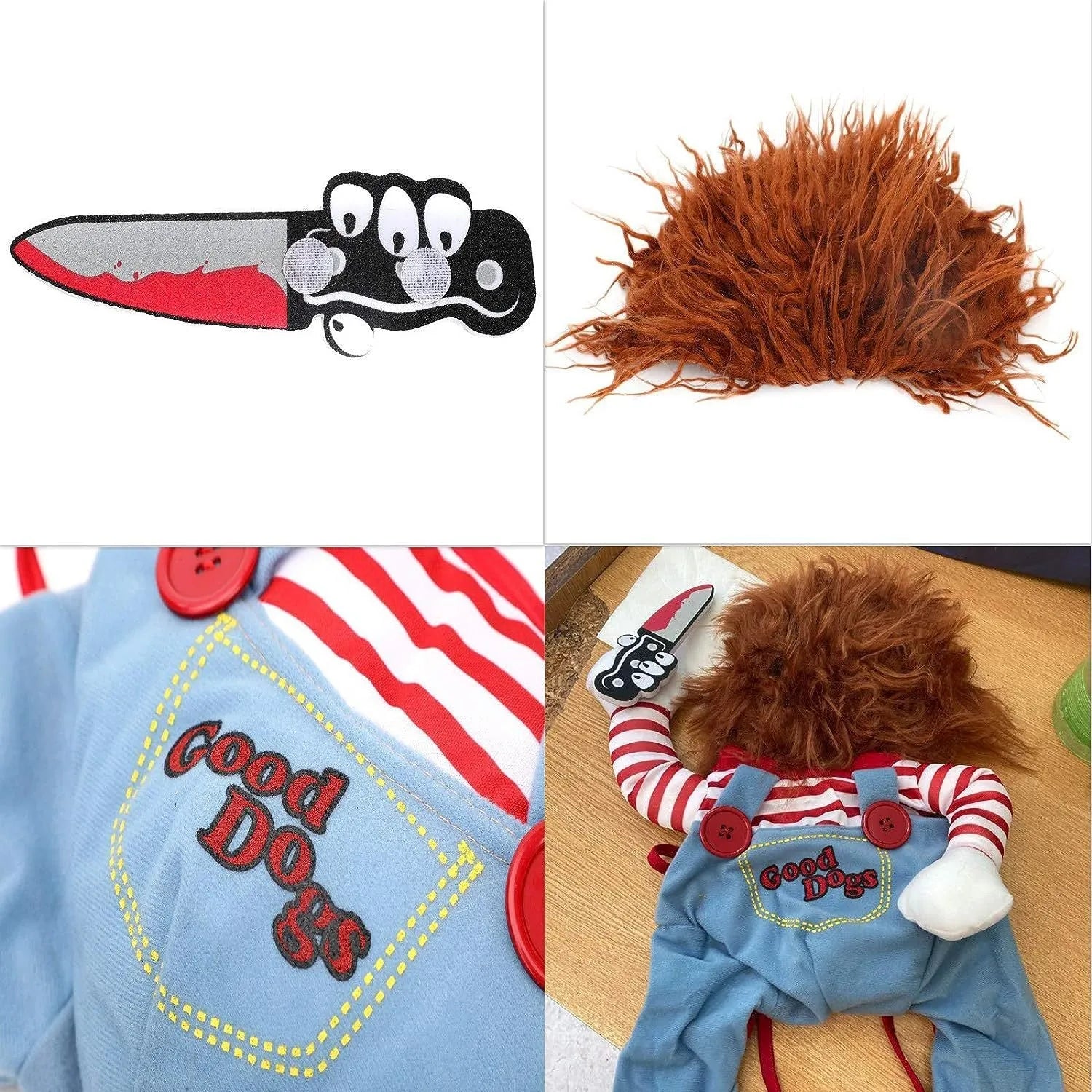 Striped Halloween costume harness pants set for dogs and cats with plastic knife accessory