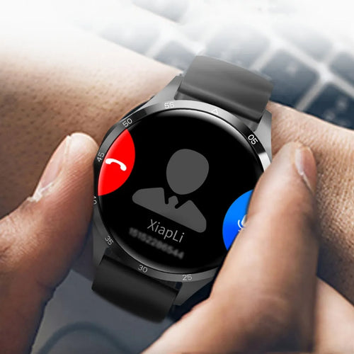 Black Bluetooth smartwatch with touch screen showing fitness stats, with silicone and Milan metal strap options.