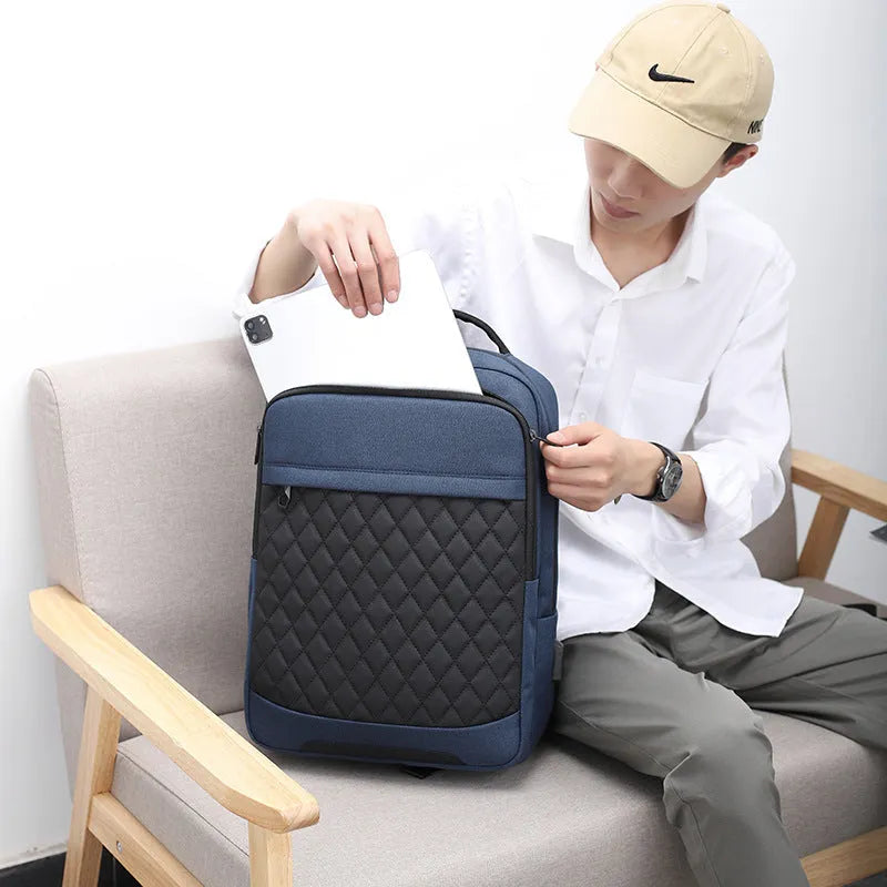 Men's Oxford cloth backpack with curved shoulder straps and diamond mesh details in solid colour