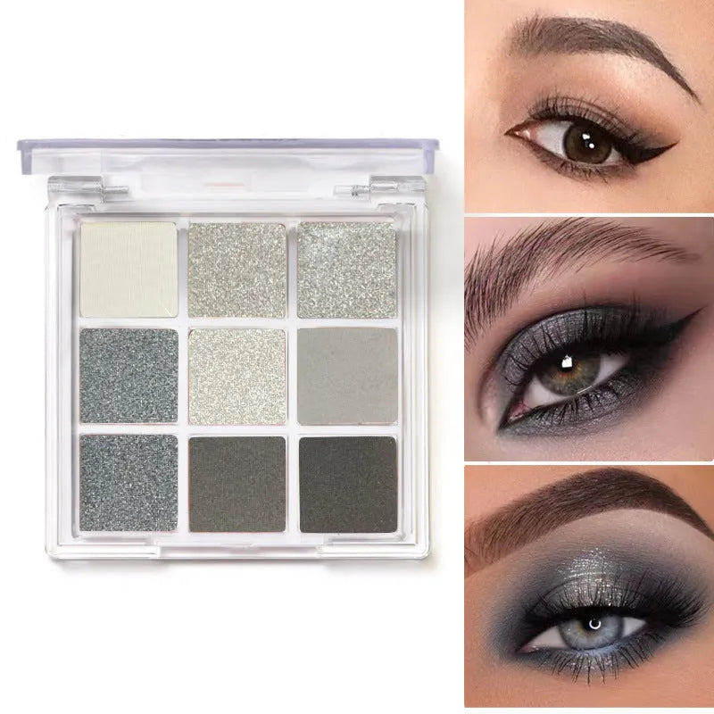 Open compact case showing nine powder eye shadow pans in neutral and smoky shades.
