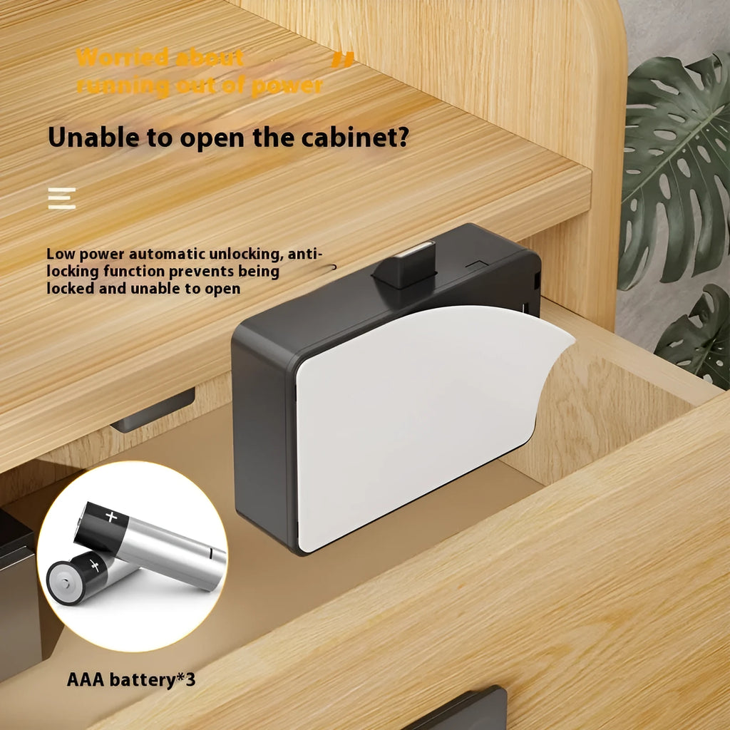 F079 punch-free invisible drawer lock with removable card key for no-drill installation.