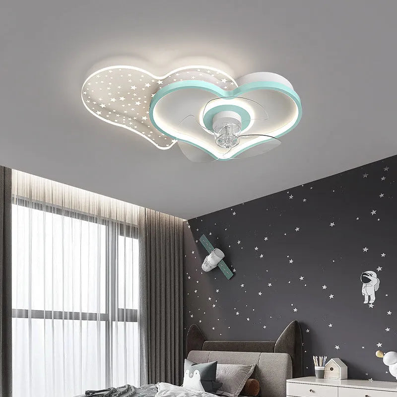 Children's ceiling fan with light and chandelier, blue and white, 59cm wide, 220V LED, ABS blades